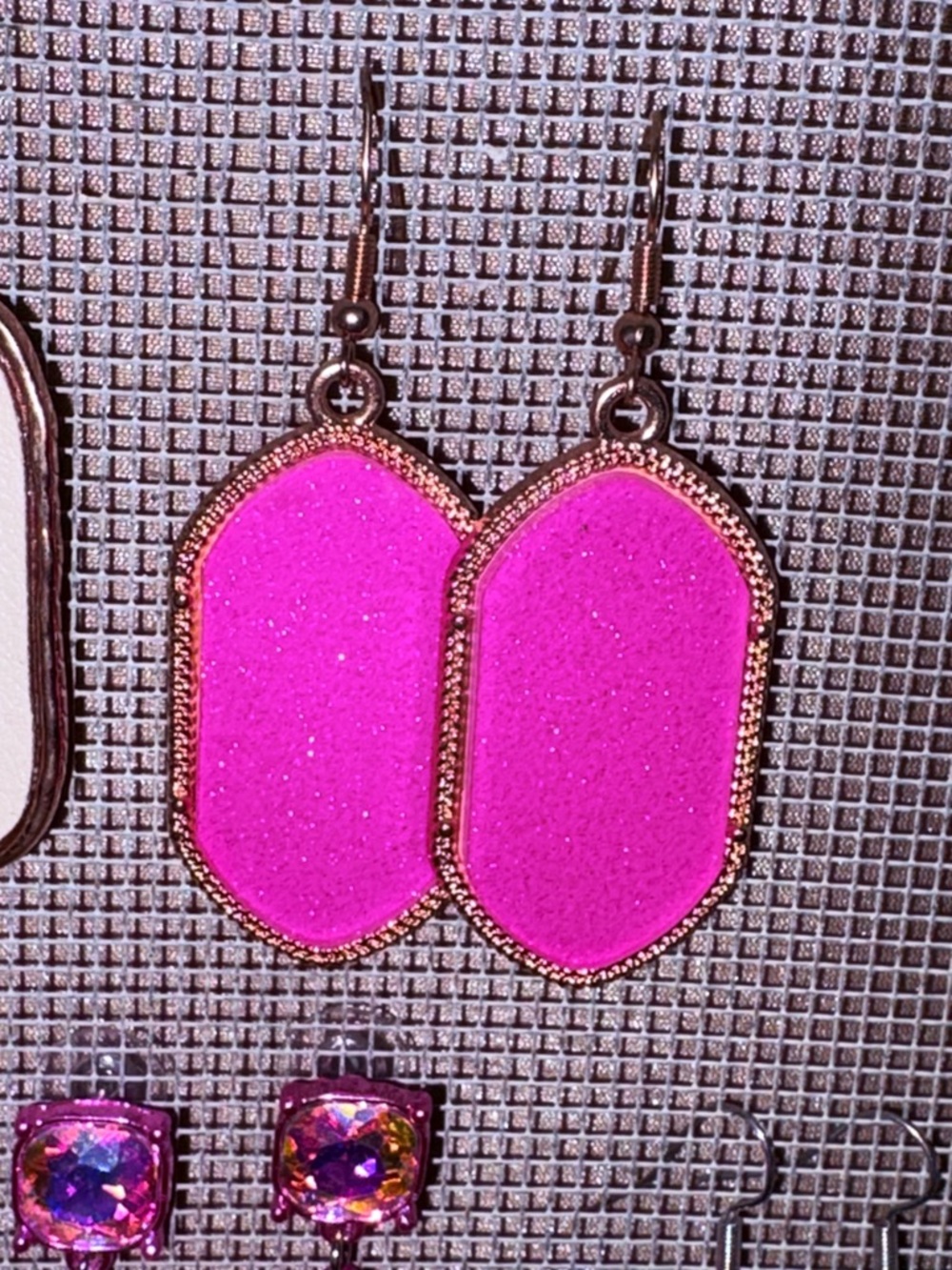 Hot Pink Dangle Earrings with Gold Trim - Women Jewelry